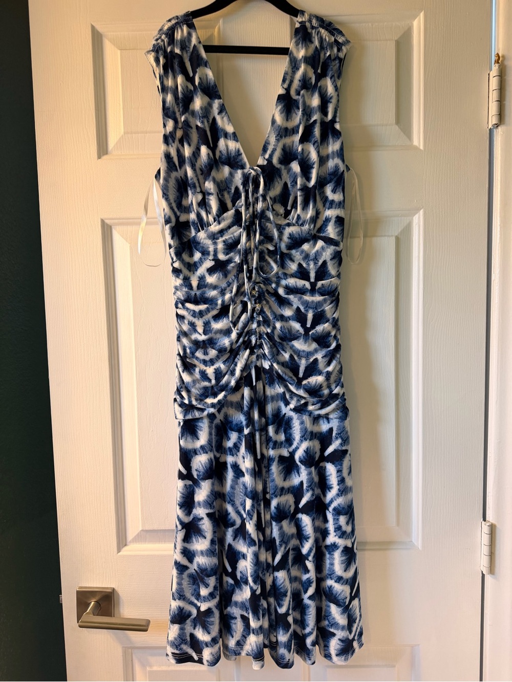 White House Black Market Blue and White Ruched V-Neck Midi Dress